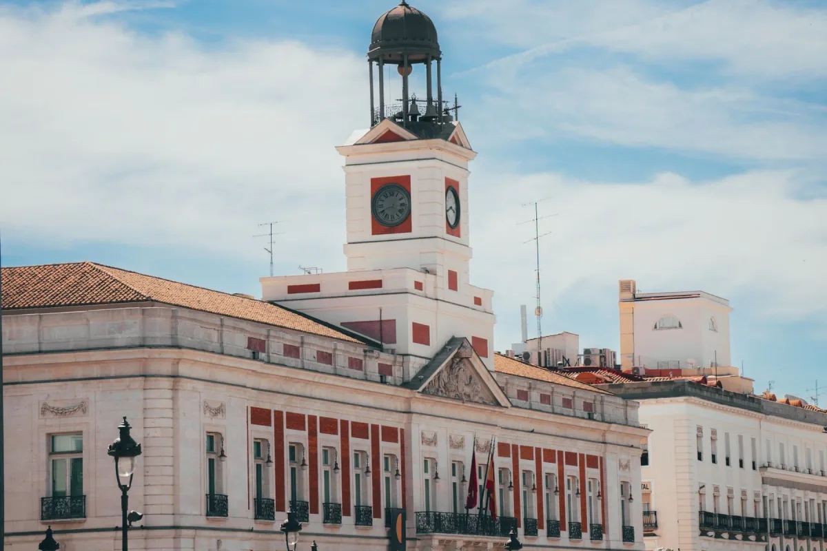Puerta del Sol square in Madrid with the Real Casa de Correos clock tower